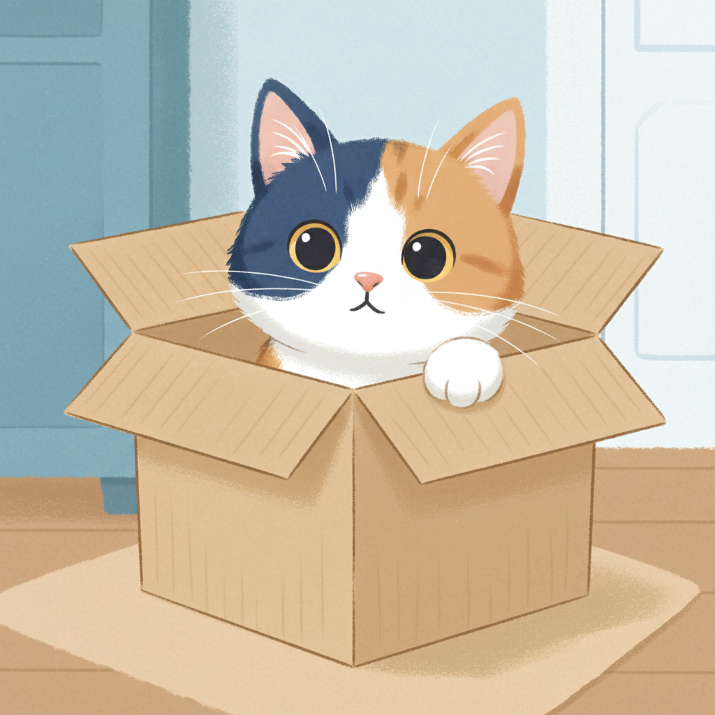 Illustration of a cat curiously peeking out of a cardboard box